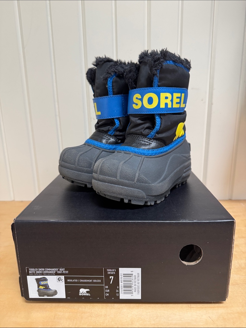 Sorel Toddler Winter Boots in Black, Blue & Yellow